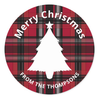 Red And Black Plaid Tartan Pattern With Text Classic Round Sticker