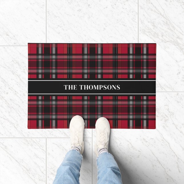 Red And Black Plaid Tartan Pattern With Text Doormat (Indoor)