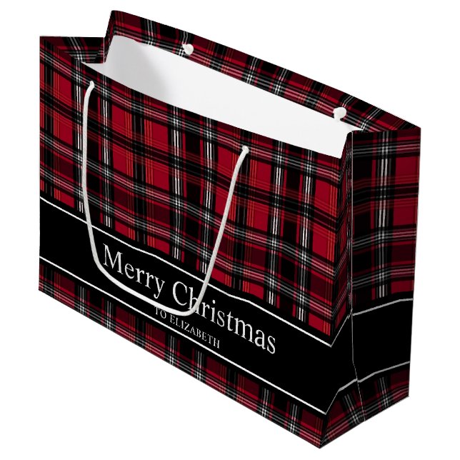Red And Black Plaid Tartan Pattern With Text Large Gift Bag (Front Angled)