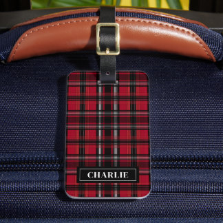 Red And Black Plaid Tartan Pattern With Text Luggage Tag