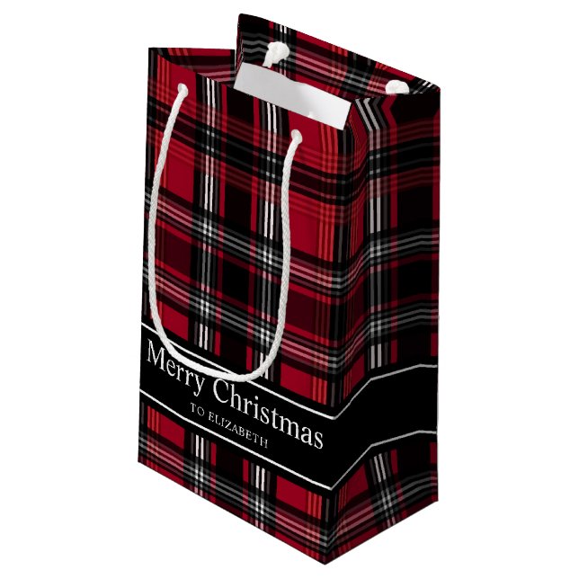 Red And Black Plaid Tartan Pattern With Text Small Gift Bag (Back Angled)