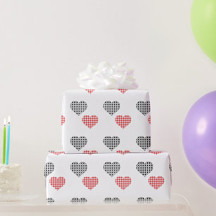 Red and Black Plaid Valentine Hearts On White Wrapping Paper