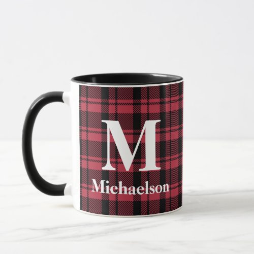 Red and Black Plaid with Monogram Name Mug