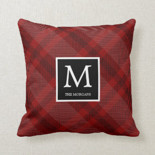 Red and Black Plaid with Monogram Throw Pillow