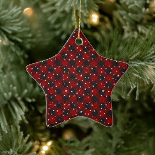 Red and black plaid with stars ceramic ornament