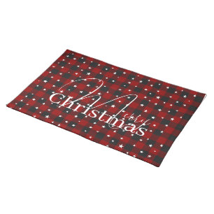 Red and black plaid with stars cloth placemat