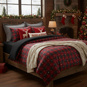Red and black plaid with stars duvet cover