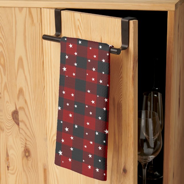 Red and black plaid with stars  kitchen towel (Thirds Fold)