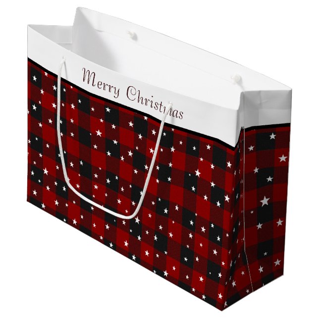 Red and black plaid with stars  large gift bag (Front Angled)