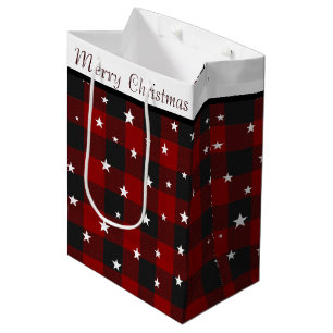 Red and black plaid with stars medium gift bag