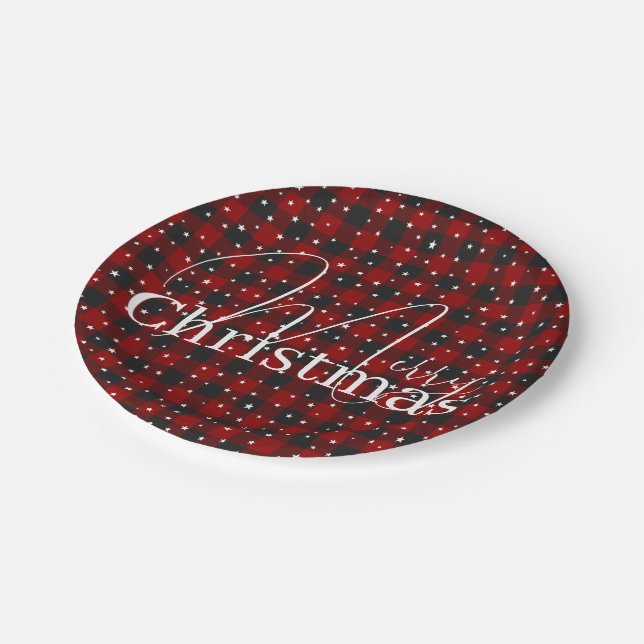 Red and black plaid with stars  paper plates (Angled)