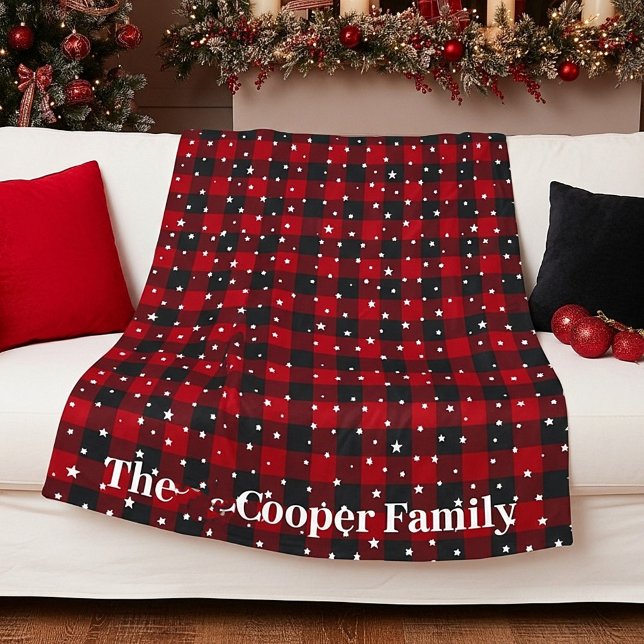 Red and black plaid with stars personalized fleece blanket (Creator Uploaded)
