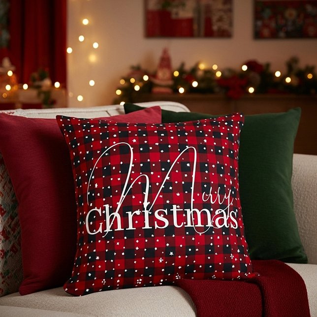 Red and black plaid with stars  throw pillow (Creator Uploaded)