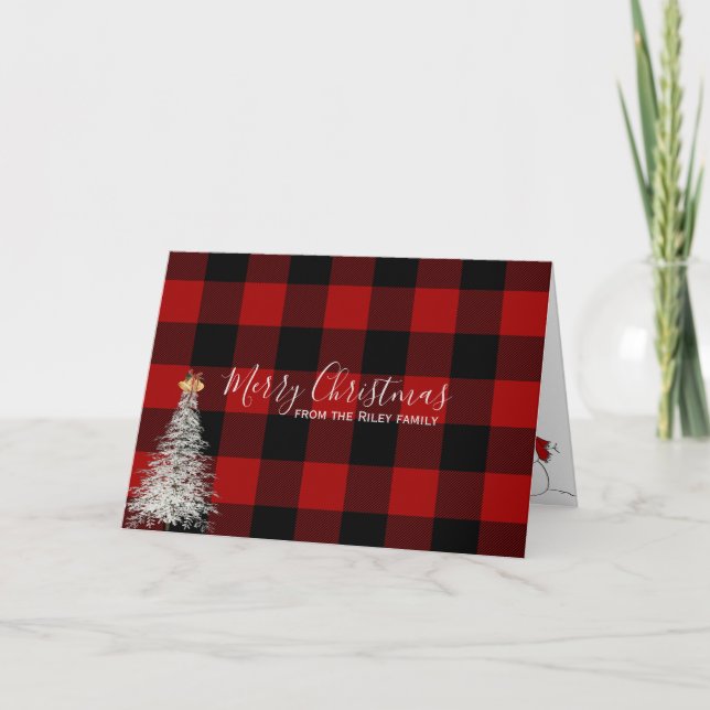 Red and Black plaid with white Christmas tree Card (Front)