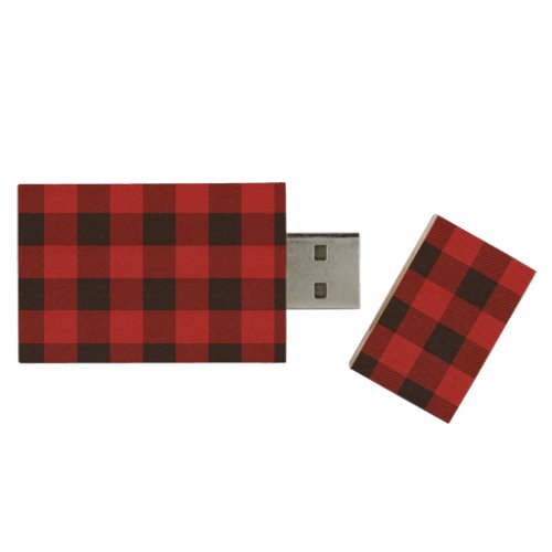 Red and Black plaid Wood USB Flash Drive