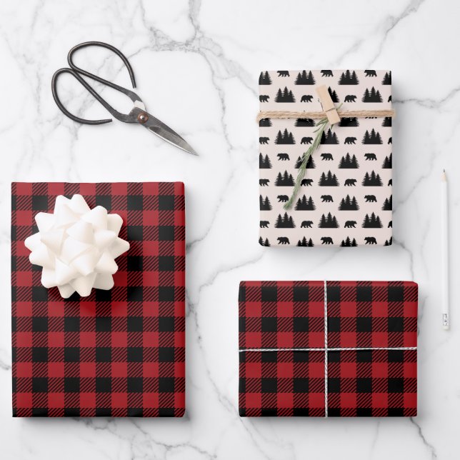 Red and Black Plaid Woodland Wrapping Paper Sheets (Front)