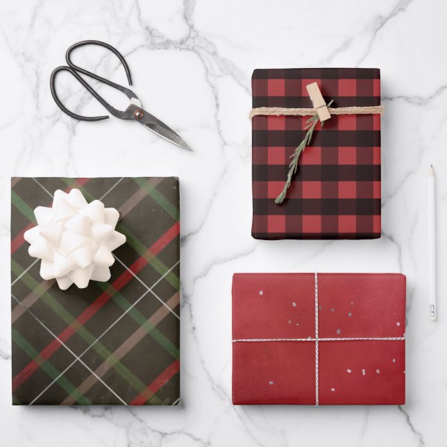 Red and Black Plaids Assorted Christmas Wrapping Paper Sheets (Front)