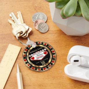 Red and Black Poker Chip Birthday  - Personalize Keychain