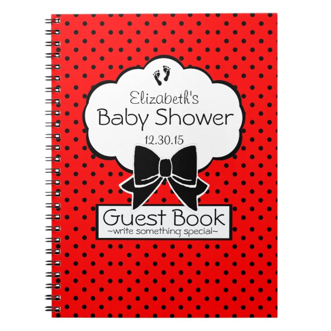 Red and Black Polka Dot Baby Shower Guest Book- Notebook (Front)