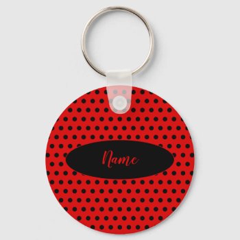 Red And Black Polka Dot Pattern With Custom Name Keychain by Graphics_By_Metarla at Zazzle