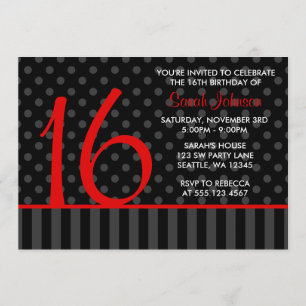 Red and Black Polka Dot Stripes Sweet 16 Birthday Invitation