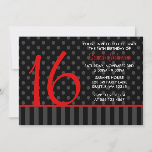 Red and Black Polka Dot Stripes Sweet 16 Birthday Custom Invitations
