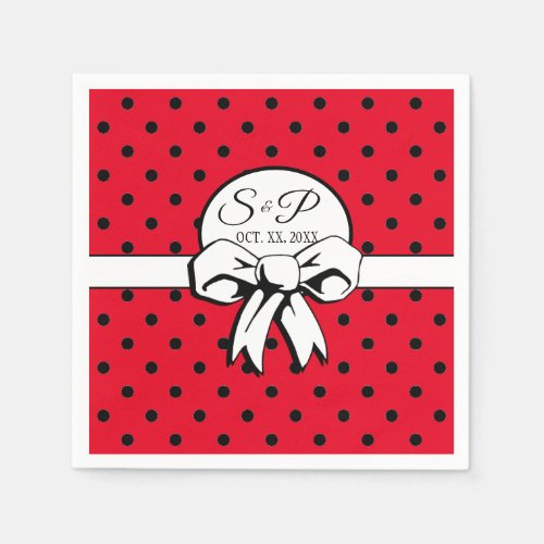 Red and Black Polka Dot White Bow Personalized Napkins
