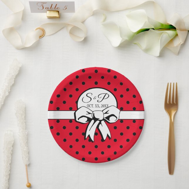 Red and Black Polka Dot White Bow Personalized Paper Plates (Wedding)