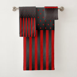 Red and Black Polka Dots and Stripes Bath Towel Set
