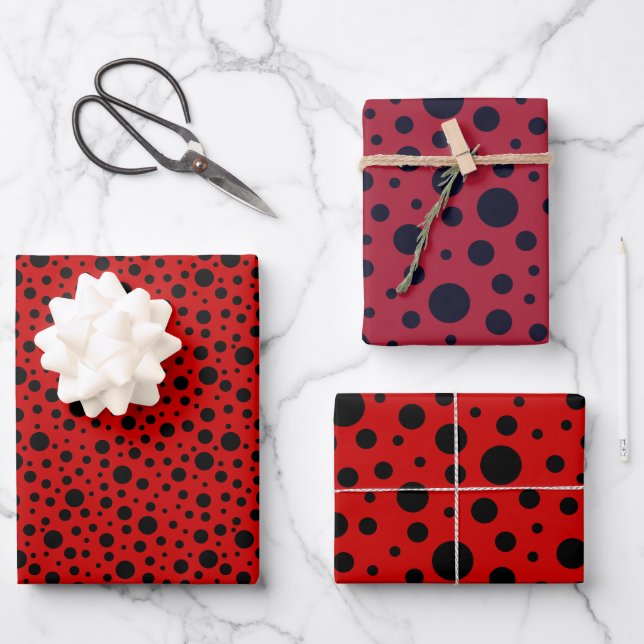 Red and black polka dots funny ladybug wrapping paper sheets (Front)