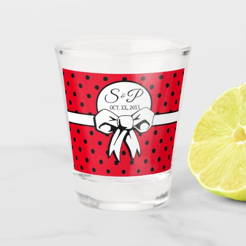 Red and Black Polka Dots White Bow Personalized Shot Glass
