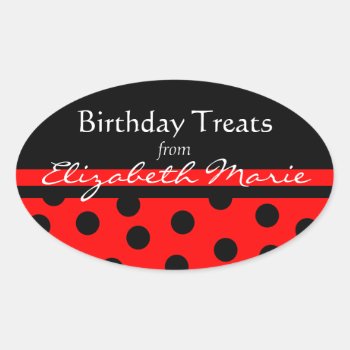 Red And Black Polka Dots With Name Oval Sticker by hungaricanprincess at Zazzle