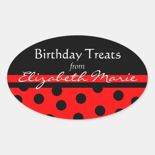 Red and Black Polka Dots with Name Oval Sticker