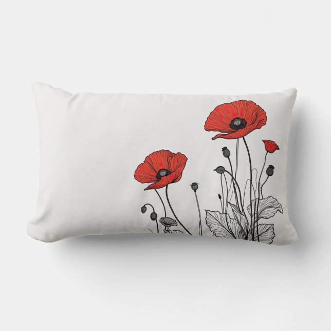 Red and black poppies lumbar pillow (Front)