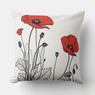 Red and black poppies throw pillow