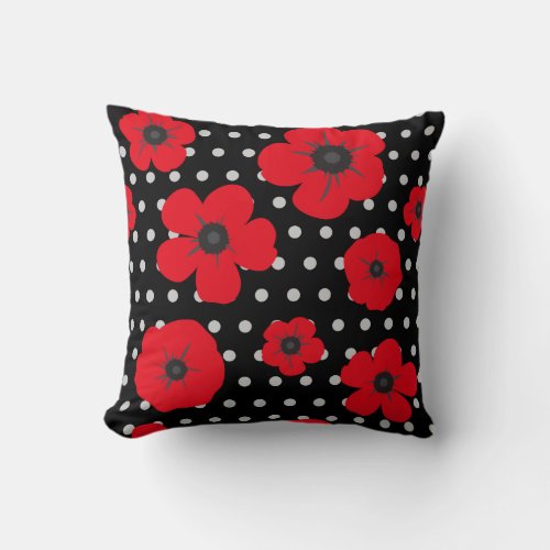 Red and Black Poppy and Polka Dot Pattern Throw Pillow
