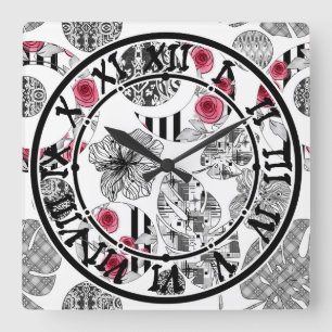 Red and Black, Quilting ,Patchwork, Rustic, Modern Square Wall Clock