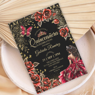Red and Black Quinceañera Golden Tiara Roses Invitation