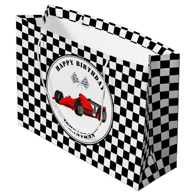 Red and Black Race Car Checkered Birthday Large Gi Gift Bag (Back Angled)