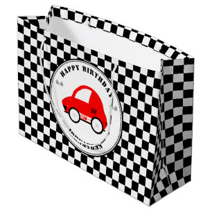 Red and Black Race Car Checkered Birthday Large Gift Bag