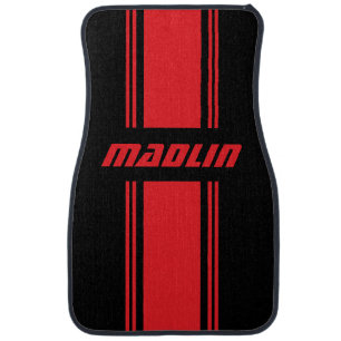 Red and Black Racing Stripes Personalized Name Car Floor Mat