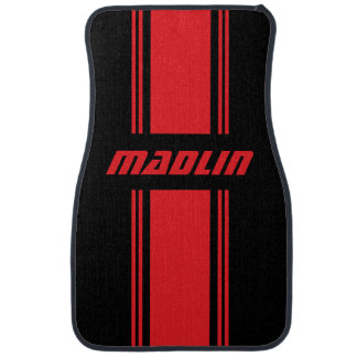 Red and Black Racing Stripes Personalized Name Car Floor Mat
