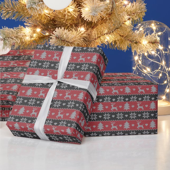 Red and Black Reindeer Heart Tree Modern Christmas Wrapping Paper (Holidays)