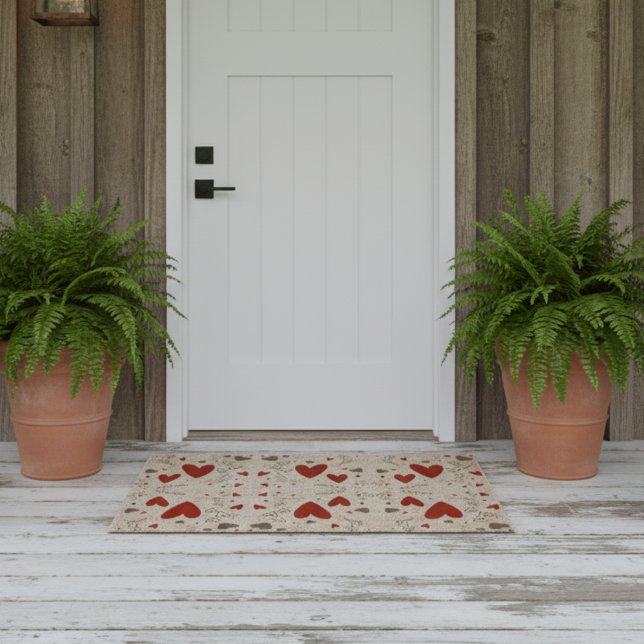 Red and Black Retro Hand Drawn Hearts Love  Fiber Doormat (valentines day fiber valentines theme welcome mat with red and black hand drawn doodle hearts)