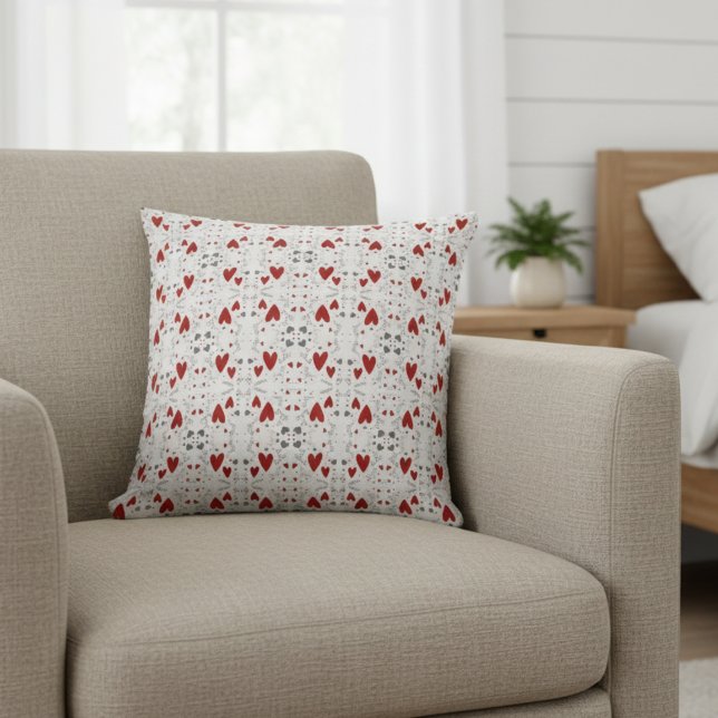 Red and Black Retro Hand Drawn Hearts Love  Throw Pillow (cute red and black hearts hand drawn doodles accent pillow for her valentines theme bedroom decor)