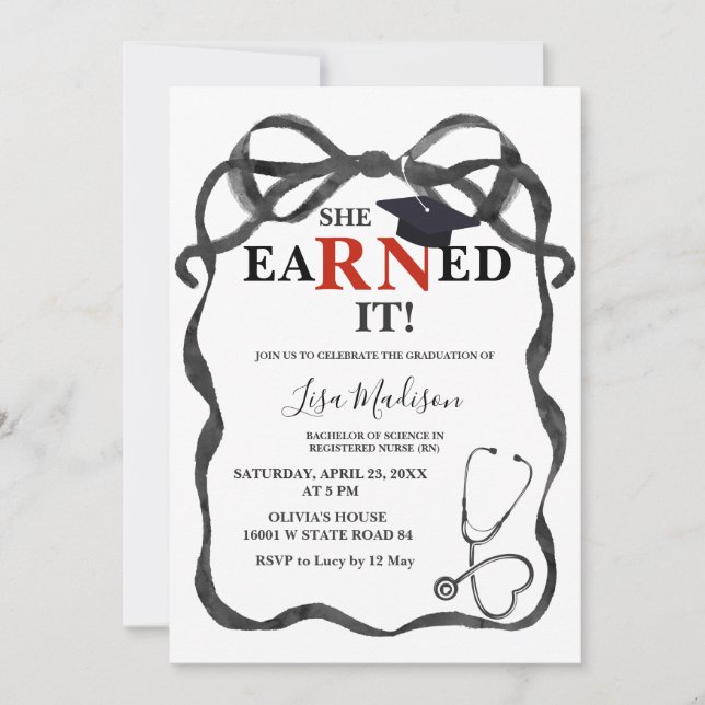Red and Black RN Nurse Graduation Party  Invitation (Front)