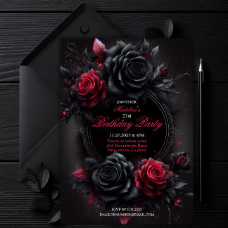 Red and Black Romantic Gothic Floral Birthday Invitation