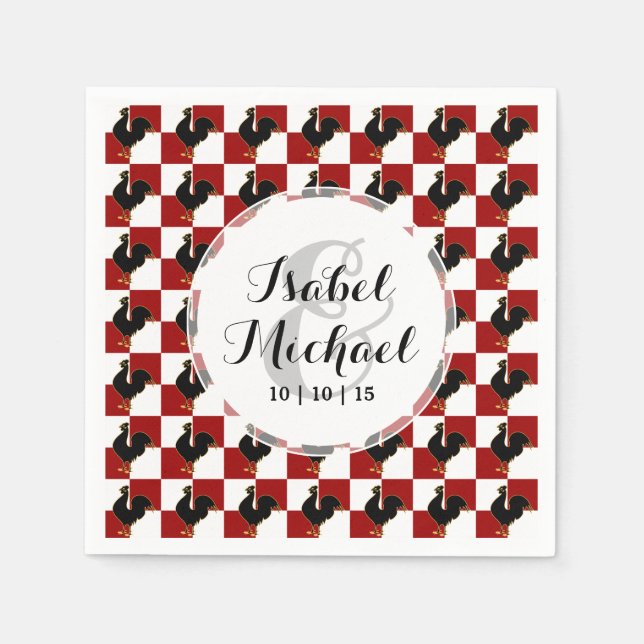 Red and Black Rooster Chicken Pattern Napkins (Front)