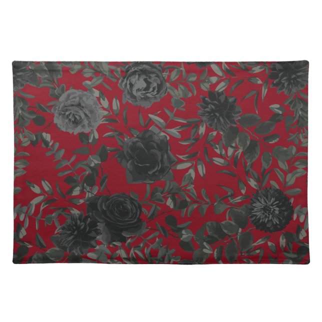 Red and Black Rose Gothic Wedding Cloth Placemat (Front)