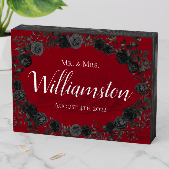 Red and Black Rose Gothic Wedding Elegant Wooden Box Sign (In Situ Horizontal)